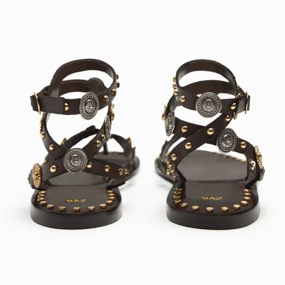 ZARA EMBELLISHED FLAT LEATHER SANDALS BROWN SIZE 10 | 1613/210 - Picture 4 of 4